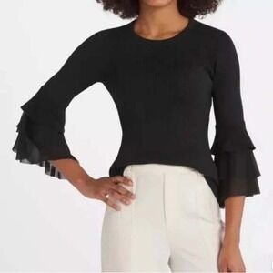 Design History Ruffle Bell Sleeve Black Knit Sweater Womens Size Large Top NEW‎